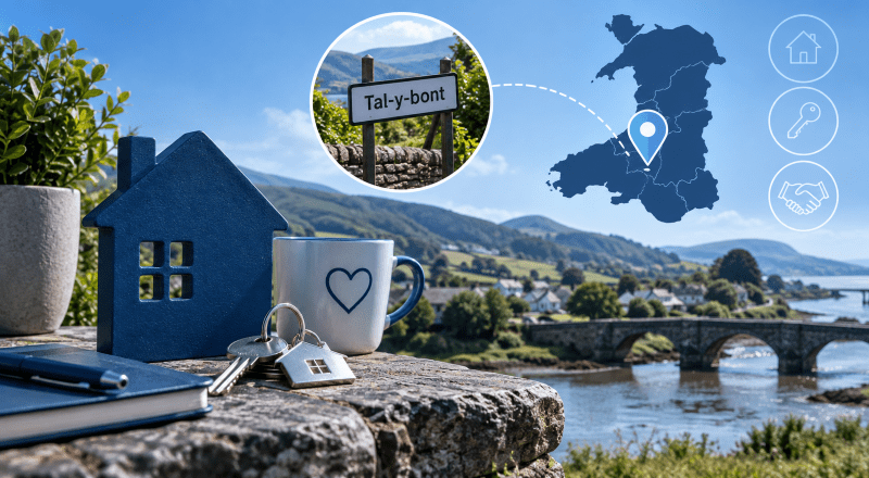 Mortgage Broker in Tal-y-bont hero image showing a blue house icon, keys, notebook, and a scenic view of Tal-y-bont with a Wales location map and pin.