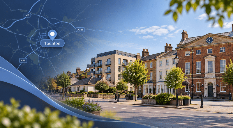 Mortgage Broker in Taunton hero image showing a Taunton location map icon beside a sunny town street with mixed property types and a landmark building in Somerset.