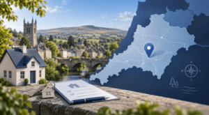 Mortgage Broker in Tavistock location map with house, keys and Devon countryside