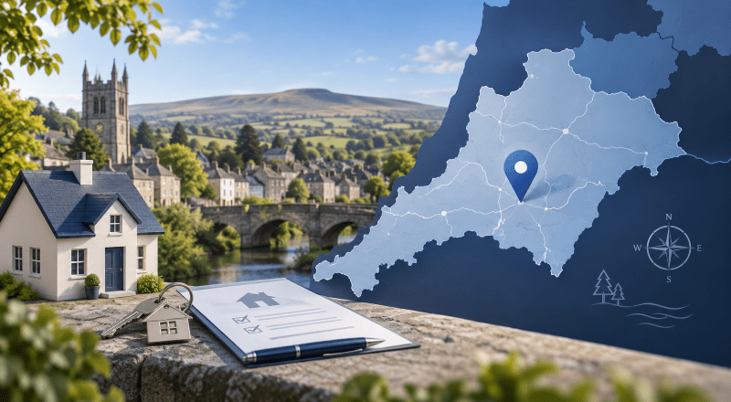 Mortgage Broker in Tavistock location map with house, keys and Devon countryside