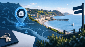 Mortgage Broker in Teignmouth location map with coastal homes, pier and property marker in Devon.
