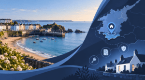 Mortgage Broker in Tenby location map with coastal homes and mortgage icons in Pembrokeshire.