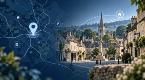 Mortgage Broker in Tetbury location map with Cotswold stone homes and local property icons.