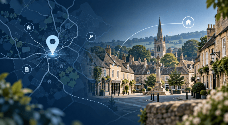 Mortgage Broker in Tetbury location map with Cotswold stone homes and local property icons.