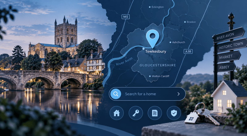 Mortgage Broker in Tewkesbury location map with Tewkesbury Abbey, River Avon, house, keys and property search icons.