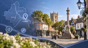 Mortgage Broker in Thame location map highlighting Thame in Oxfordshire with local property and home-buying icons.
