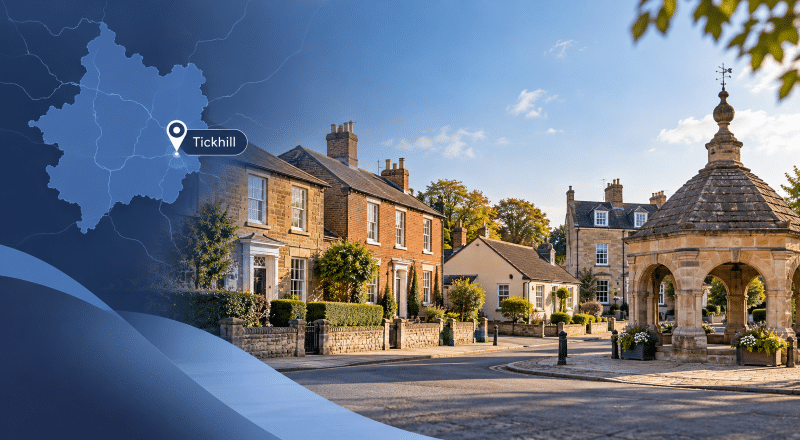 Mortgage Broker in Tickhill hero image showing Tickhill’s market area, traditional homes, the Buttercross landmark, and a location map icon.