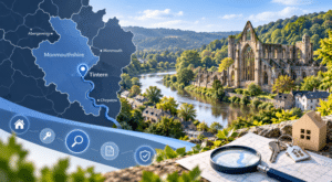 Mortgage Broker in Tintern location map showing Tintern Abbey, the River Wye and home search icons in Monmouthshire.