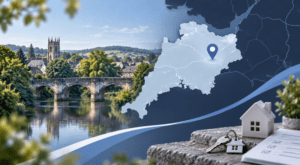 Mortgage Broker in Tiverton location map with a Devon pin, local townscape, house model and keys in Connect Experts blue branding.