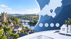 Mortgage Broker in Totnes location map with riverside townscape, homes and mortgage icons.