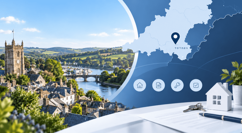 Mortgage Broker in Totnes location map with riverside townscape, homes and mortgage icons.