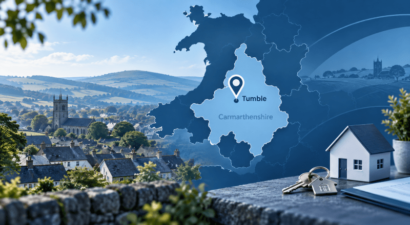 Mortgage Broker in Tumble location map with Carmarthenshire countryside, house and key imagery.