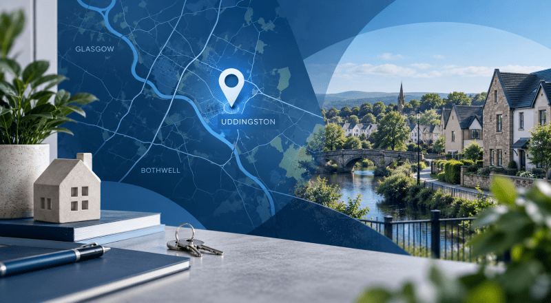 Mortgage Broker in Uddingston location map with property imagery and home-buying symbols.