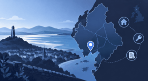 Mortgage Broker in Ulverston location map with Cumbria coastline, local landmark and mortgage-related icons.