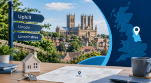 Mortgage Broker in Uphill Lincoln hero image featuring Lincoln Cathedral, local map markers, a house model and mortgage keys.