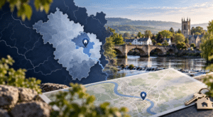 Mortgage Broker in Usk location map highlighting Usk in Monmouthshire with the River Usk, historic town features and property icons.