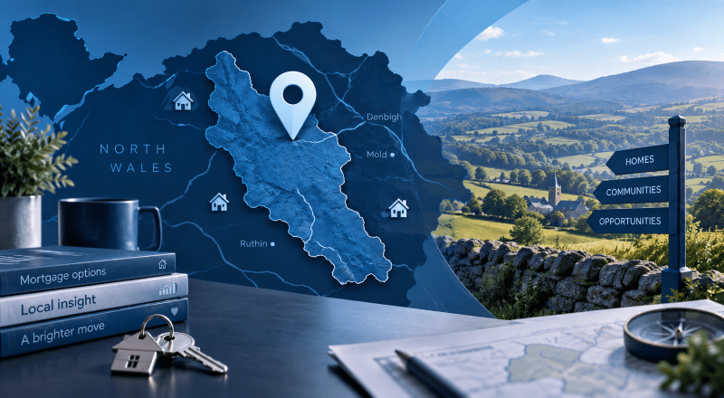 Mortgage Broker in Vale of Clwyd location map with property icons, mortgage planning details and North Wales countryside.