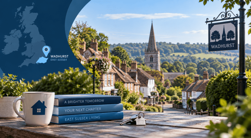 Mortgage Broker in Wadhurst hero image showing a map marker for Wadhurst in East Sussex, with a scenic village street, traditional homes, a church tower and countryside in the background.