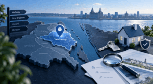 Mortgage Broker in Wallasey location map featuring Wallasey, Wirral and Liverpool with property, key and mortgage search icons.