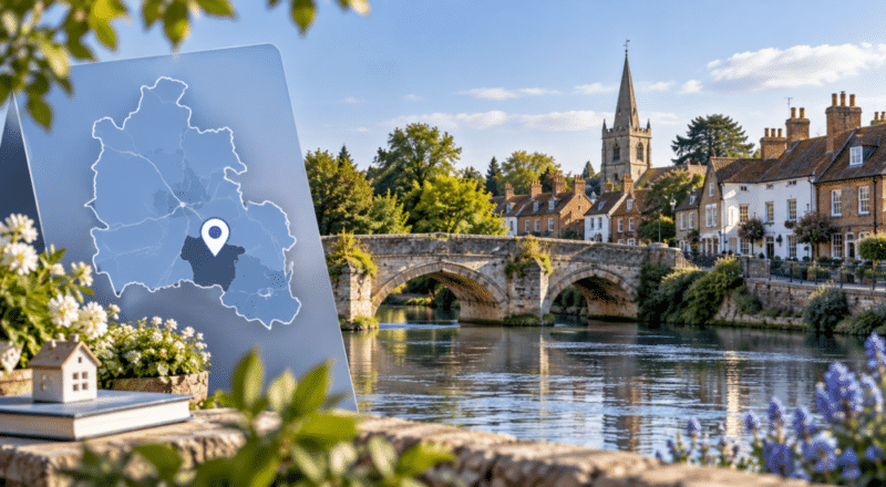 Mortgage Broker in Wallingford, Oxfordshire location map with a riverside view, historic bridge and traditional town architecture.