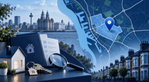 Mortgage Broker in Walton, Merseyside location map with property search icons and local housing imagery.