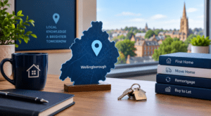 Mortgage Broker in Wellingborough hero image showing a modern desk scene with a blue Wellingborough location map marker, property books, house keys and a bright local town backdrop in Connect brand colours.