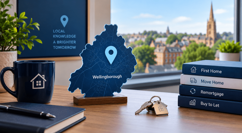 Mortgage Broker in Wellingborough hero image showing a modern desk scene with a blue Wellingborough location map marker, property books, house keys and a bright local town backdrop in Connect brand colours.