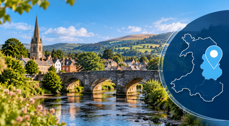 Mortgage Broker in Welshpool hero image featuring a Welsh townscape, stone bridge, rolling Powys countryside and location map pin.