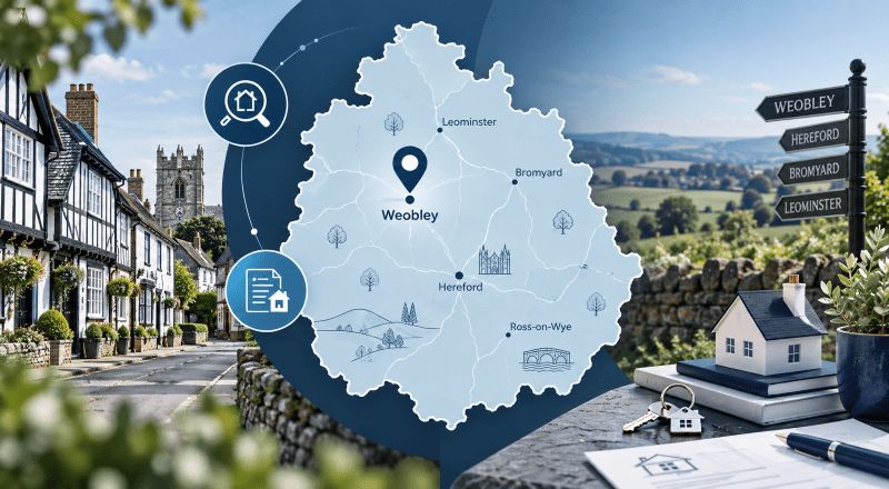 Mortgage Broker in Weobley map highlighting Weobley in Herefordshire with property and mortgage search icons.