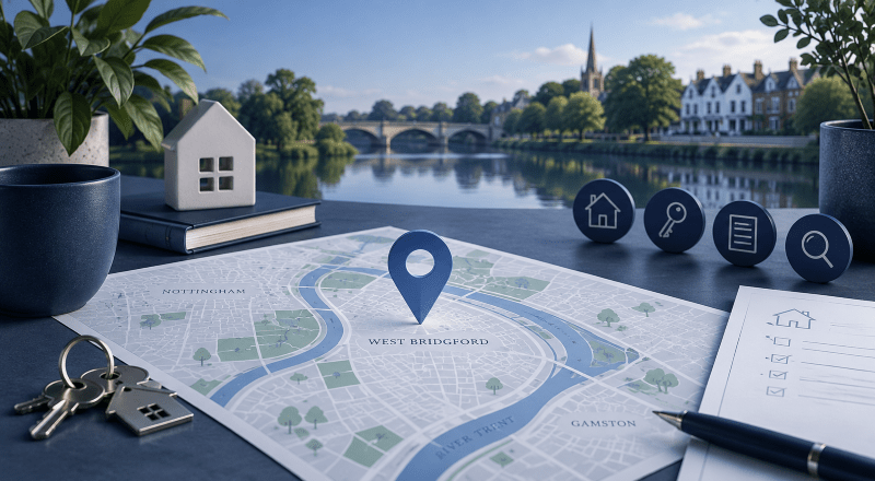 Mortgage Broker in West Bridgford location map with property, key and mortgage advice icons.