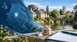 Mortgage Broker in West Deeping with Lincolnshire location map, village homes, house keys and mortgage paperwork.