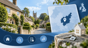 Mortgage Broker in West Haddon location map with village homes, property icons and mortgage search symbols.