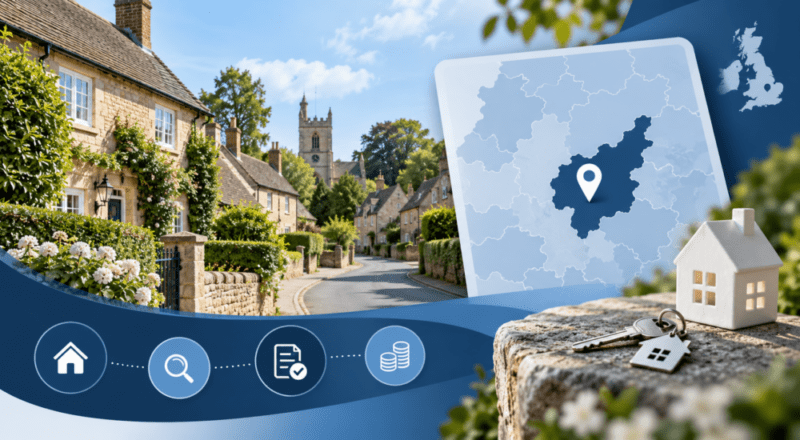 Mortgage Broker in West Haddon location map with village homes, property icons and mortgage search symbols.