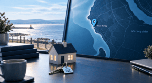 Mortgage Broker in West Kirby, Merseyside, with location map, property model and house keys.