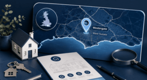 Mortgage Broker in Westergate location map with house, keys and mortgage search icons in Connect Experts brand colours