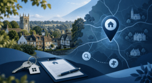 Mortgage Broker in Westerham location map with house icon, keys, mortgage paperwork and a traditional Kent town setting.
