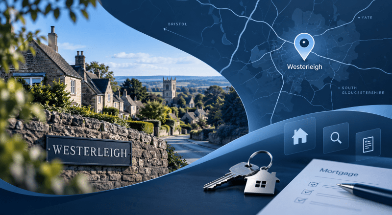 Mortgage Broker in Westerleigh location map with village homes, property keys and mortgage search icons.