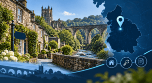 Mortgage Broker in Whalley hero image featuring local stone architecture, Whalley Viaduct, Lancashire countryside, a location map pin and mortgage-related icons.