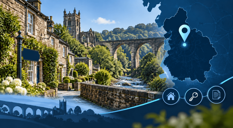 Mortgage Broker in Whalley hero image featuring local stone architecture, Whalley Viaduct, Lancashire countryside, a location map pin and mortgage-related icons.