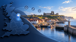 Mortgage Broker in Whitby hero image showing a UK location map pin, Whitby harbour, lighthouse and abbey in North Yorkshire.