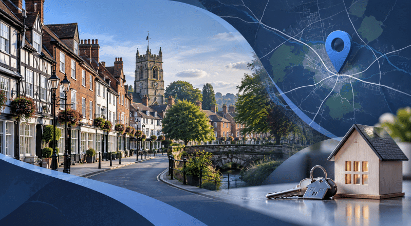 Mortgage Broker in Whitchurch hero image showing Whitchurch town centre, a location map pin, and house keys in dark blue and light blue branded colours.