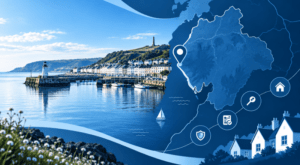 Mortgage Broker in Whitehaven with Cumbria map, coastal harbour, location pin and home finance icons.