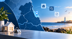 Mortgage Broker in Whitley Bay – location map with coastal property, house keys and lighthouse imagery