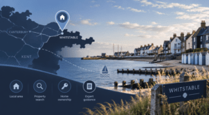 Mortgage Broker in Whitstable location map with coastal homes, harbour scenery and property search icons in Connect Experts brand colours.