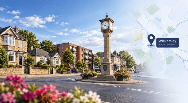 Mortgage Broker in Wickersley with local street scene, Wickersley Clock Tower, map and location pin in South Yorkshire.