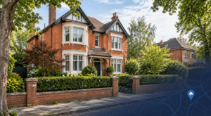 Mortgage Broker in Wilmslow, illustrated by a detached brick home, leafy gardens and a blue location pin with map detail.