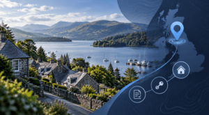 Mortgage Broker in Windermere with Lake District homes, lake scenery, location pin and mortgage icons