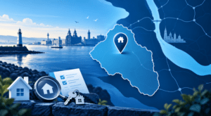 Mortgage Broker in Wirral location map with property search icons, Merseyside waterfront and home marker.