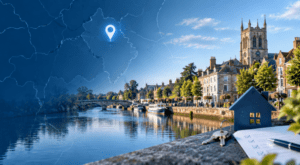 Mortgage Broker in Wisbech – Cambridgeshire location map with riverside townscape, property keys and home icon.