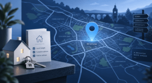 Mortgage Broker in Wishaw location map with home, keys and adviser search icons in Connect Experts branding.